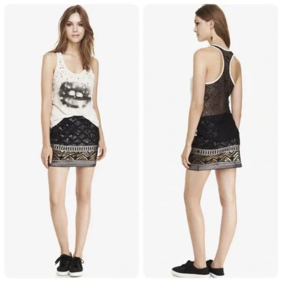 Express Med. Women's Sequin Mini Skirt Sparkle Geometric Pattern Lines Stretchy - Picture 1 of 15